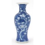 Chinese blue and white porcelain baluster vase hand painted with prunus flowers, Kangxi ring marks
