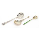 Three Norwegian silver spoons including David Andersen and one with green guilloche enamel, the