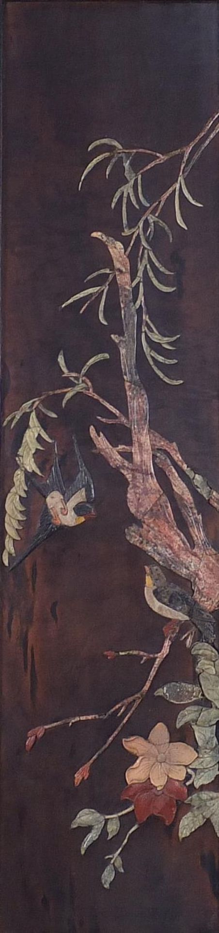Birds of Paradise amongst flowers and bamboo grove, set of four Chinese hardwood panels with - Image 8 of 13