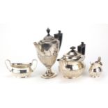 Victorian silver four piece demi fluted tea and coffee service with ebonised handles and knops,