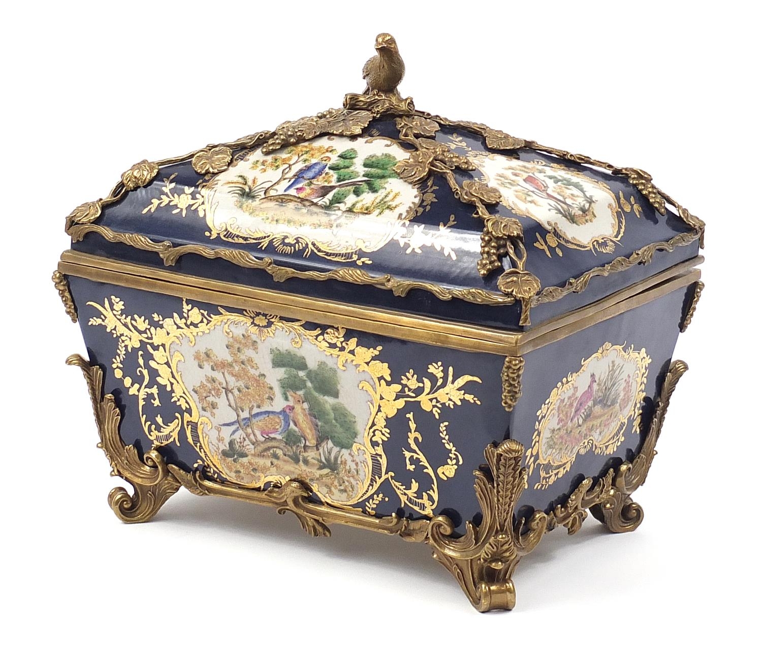 Continental bronze mounted porcelain table casket decorated with birds, leaves and berries, 35cm H x