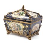 Continental bronze mounted porcelain table casket decorated with birds, leaves and berries, 35cm H x