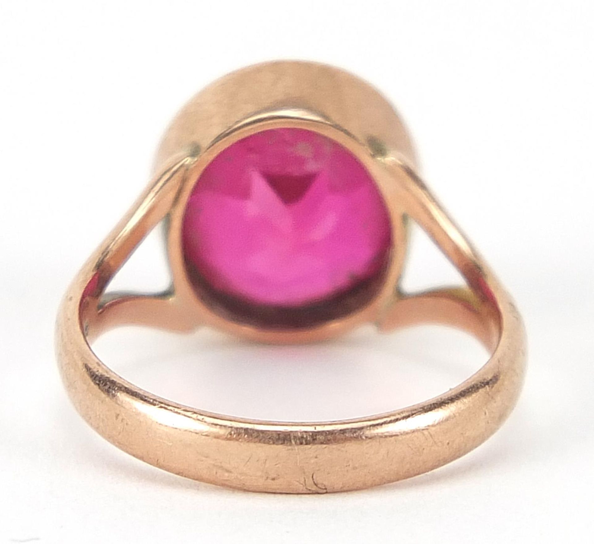 9ct rose gold ruby solitaire ring, the stone approximately 10mm in diameter, size H, 3.6g : For - Image 3 of 6