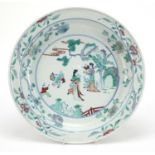 Chinese doucai porcelain basin hand painted with figures and children in a palace setting with