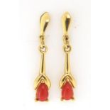 Pair of 9ct gold coral drop earrings, housed in a Preston's box, 2.4cm high, 1.4g : For Further