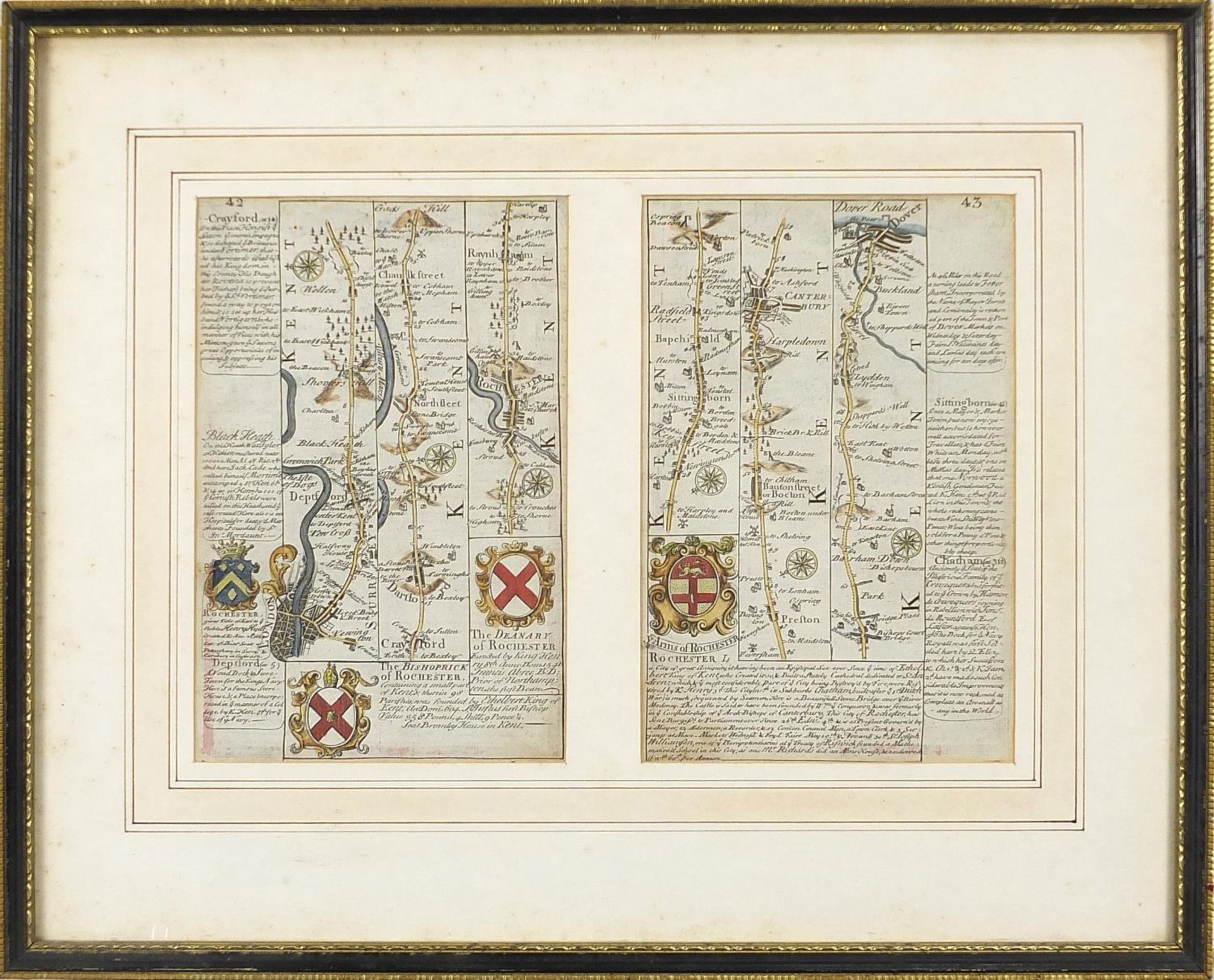 Three antique hand coloured road maps including two by John Owen Emmanuel Bowen, mounted, framed and - Image 8 of 20