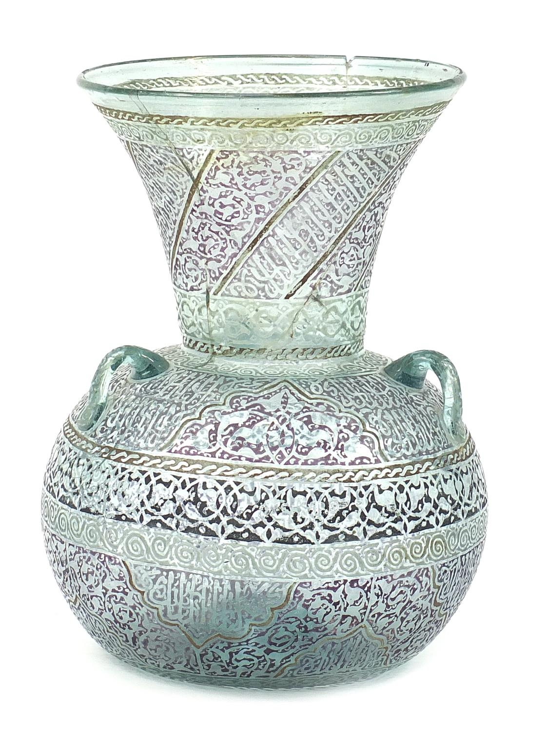 Antique Islamic Mamluk Revival glass mosque lantern engraved with calligraphy and flowers, 31.5cm