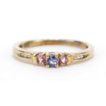 9ct gold blue and pink sapphire and ring with diamond shoulders, size P, 1.9g : For Further