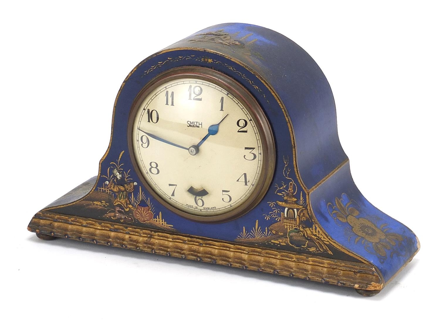 1920's Smiths electric chinoiserie lacquered mantle clock with Roman numerals, 23.5cm wide : For