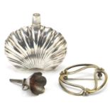 Miniature silver coloured metal scent bottle with silver funnel and a Art Nouveau design brooch by