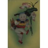 Chinese glass panel reverse painted with a child holding flowers, framed, 48.5cm x 33.5cm