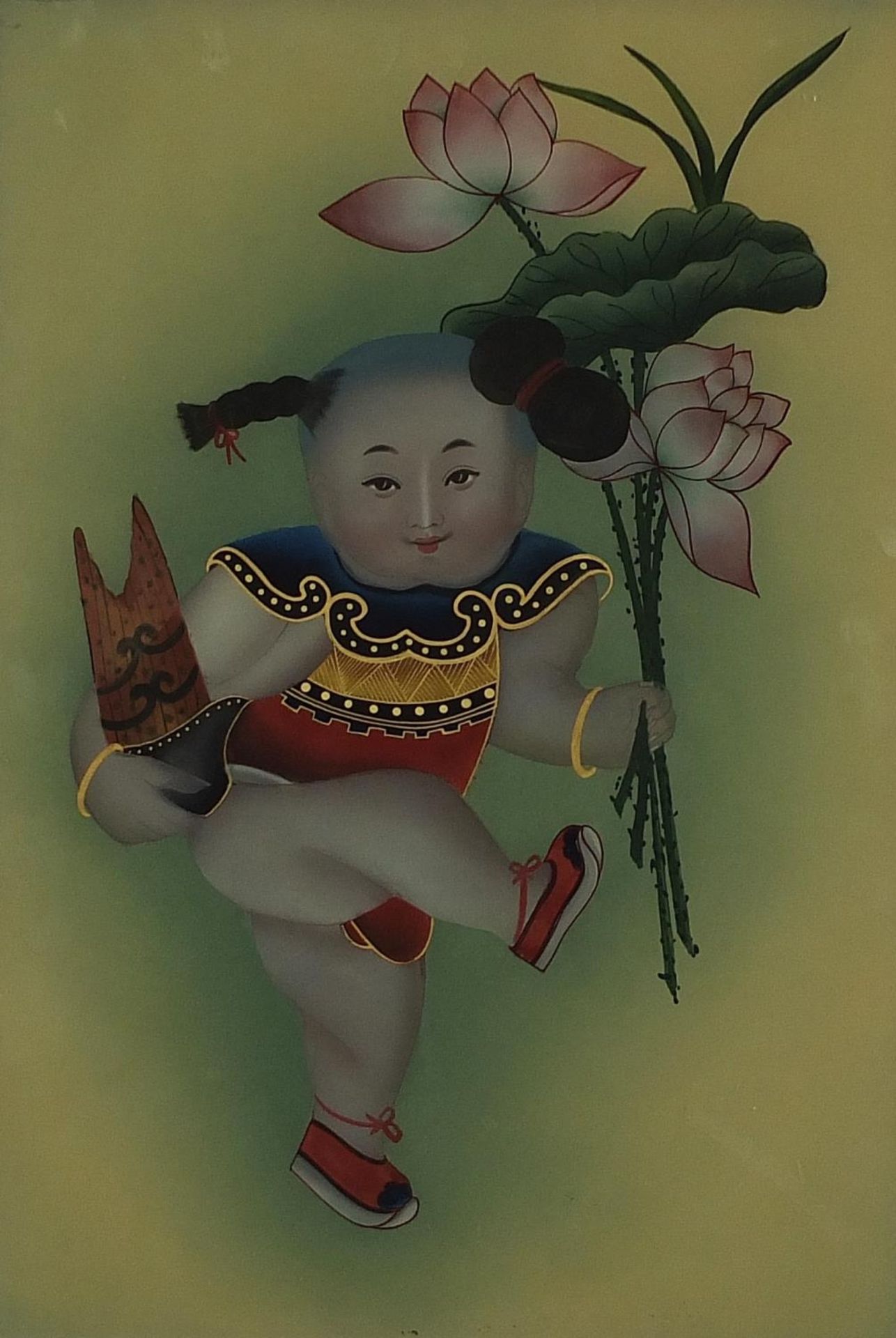 Chinese glass panel reverse painted with a child holding flowers, framed, 48.5cm x 33.5cm