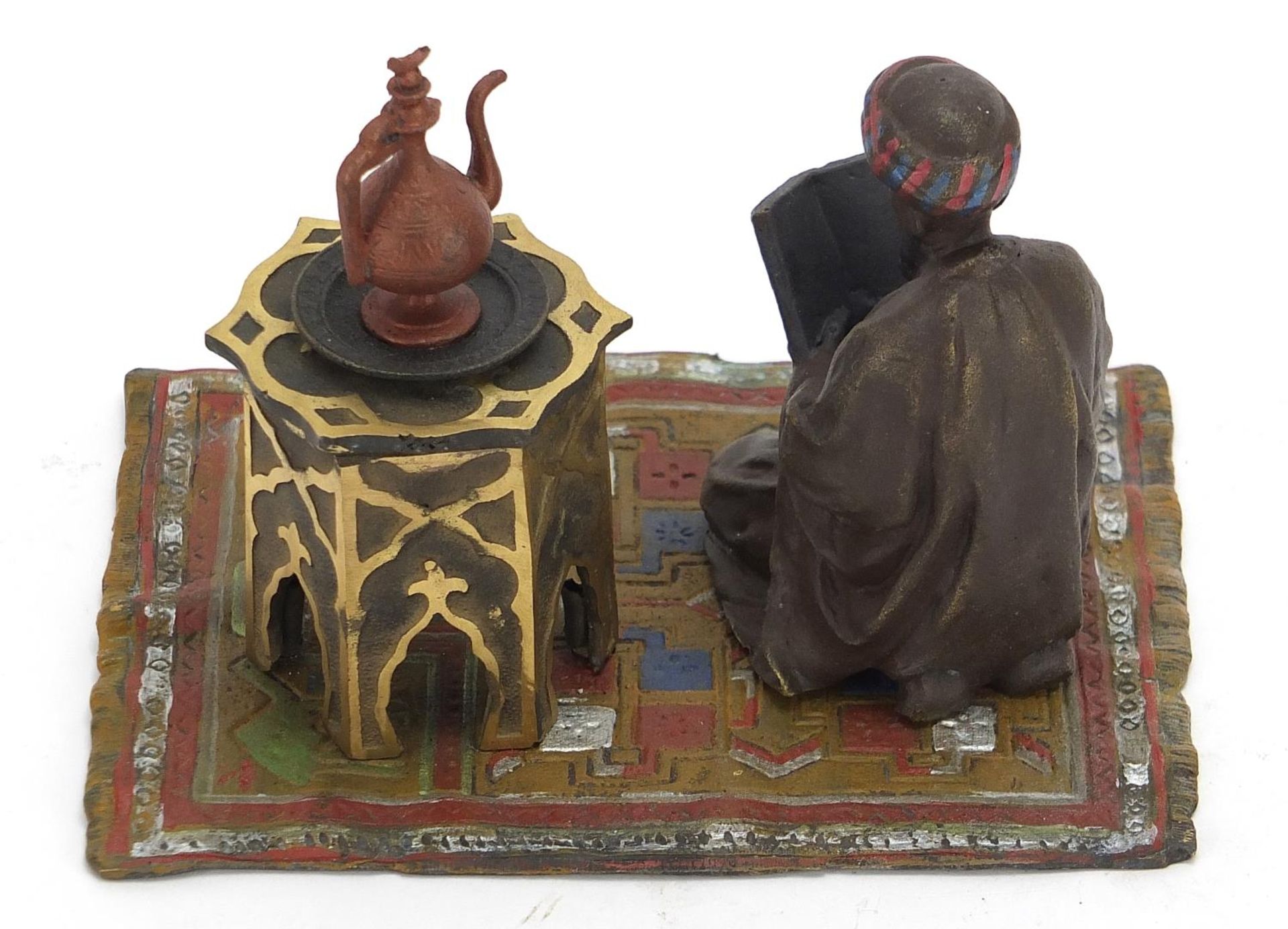 Cold painted bronze figure of an Arab on a carpet in the style of Franz Xaver Bergmann, 14cm - Image 3 of 4