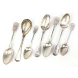 Victorian and later silver spoons and a set of three silver coloured metal tablespoons engraved with