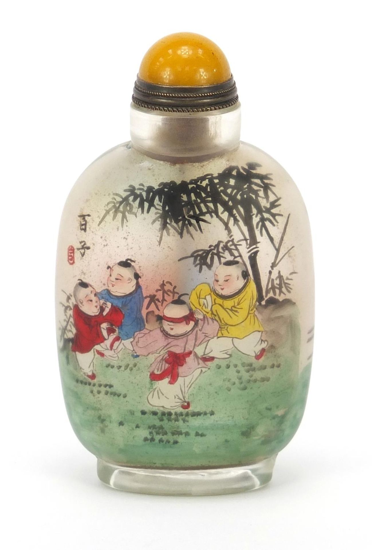 Chinese glass snuff bottle with hardstone stopper, internally hand painted with an Emperor, 9.5cm - Bild 3 aus 7
