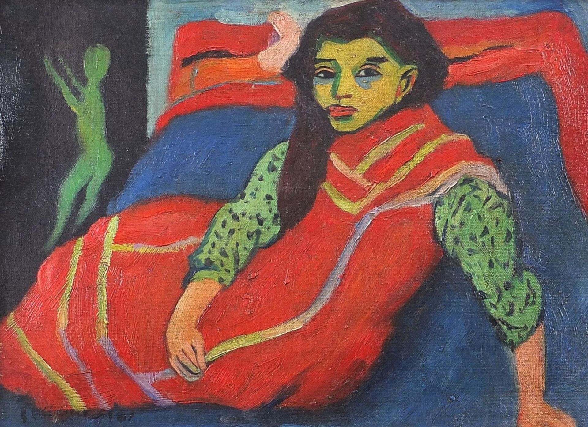 Female in an interior, German Expressionist oil on canvas, mounted and framed, 40.5cm x 28cm