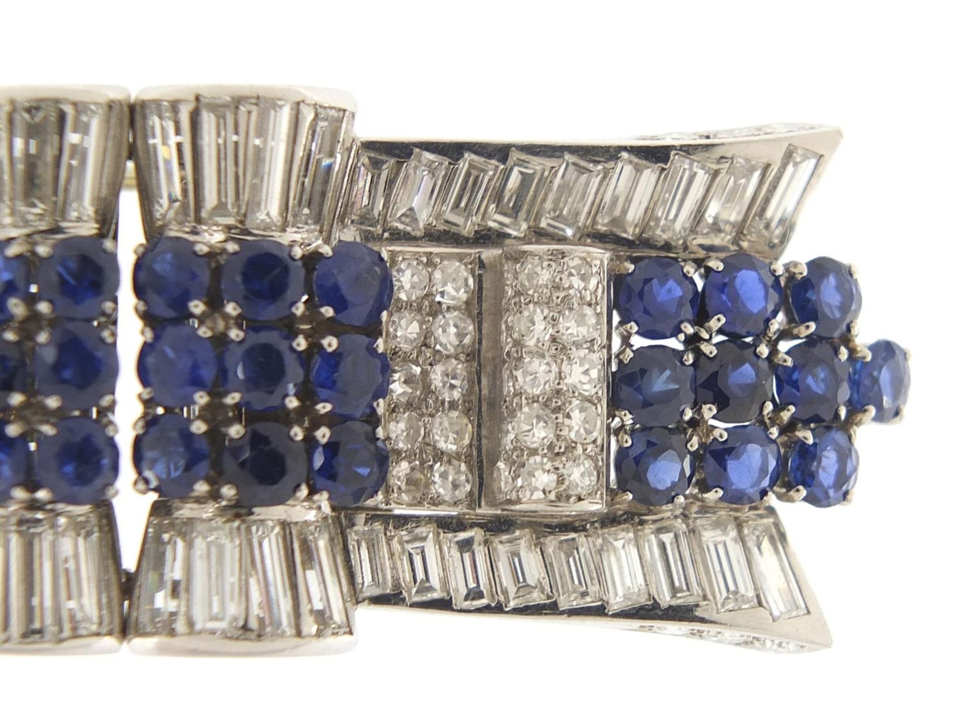Good Art Deco diamond and sapphire three piece scarf clip brooch, A & M maker's mark, 6cm wide, 32. - Image 4 of 21