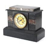 Victorian black slate and marble mantle clock striking on a bell with enamelled chapter ring