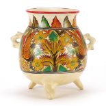 Peruvian terracotta vessel with twin handles hand painted with birds and flowers : For Further