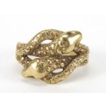 9ct gold serpent ring with ruby eyes, stamped Bravingtons, size R, 6.5g : For Further Condition