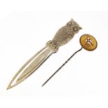 925 silver owl design bookmark letter opener and an Essex Crystal design stick pin, the largest