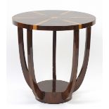 Art Deco design circular rosewood and walnut effect occasional table with under tier, 60cm high x