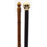 Two walking sticks comprising a hardwood example with skull design pommel and Chinese example with