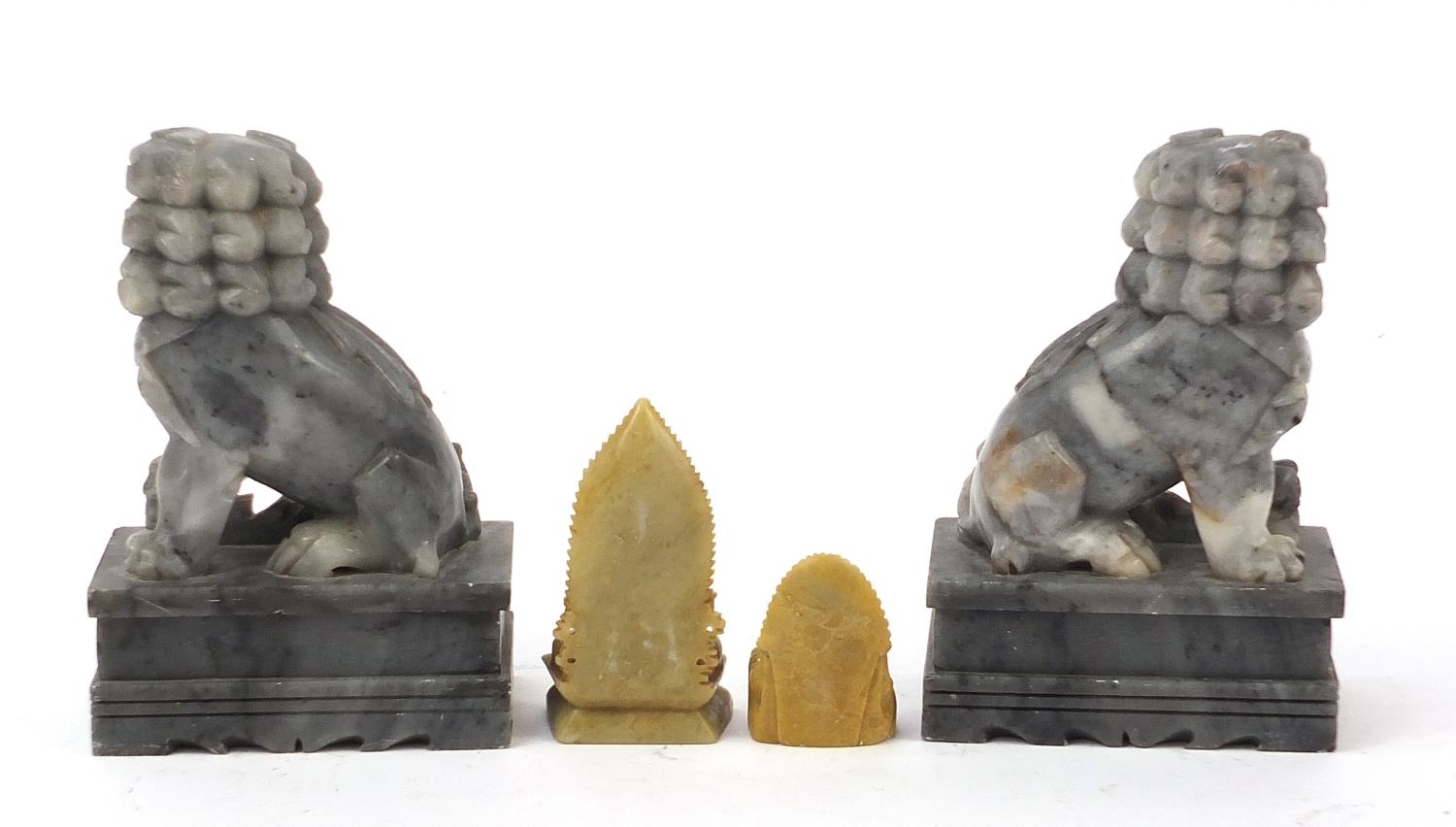 Chinese stone carvings including a pair of Foo dogs and a Buddha, the largest each 18cm high : For - Image 5 of 8