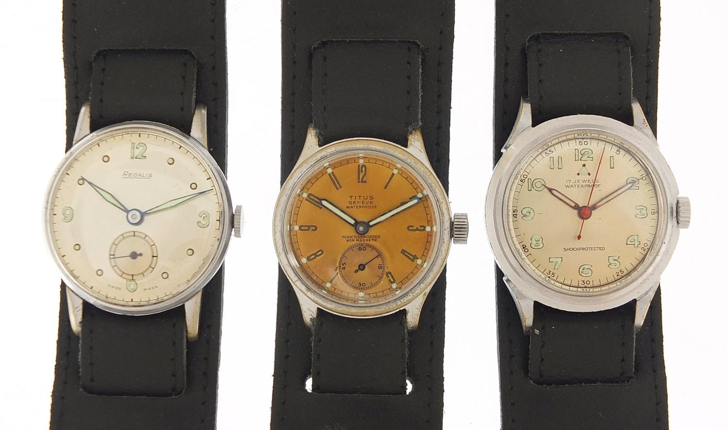 Three military interest gentlemen's wristwatches including Regalis and Titus : For Further Condition