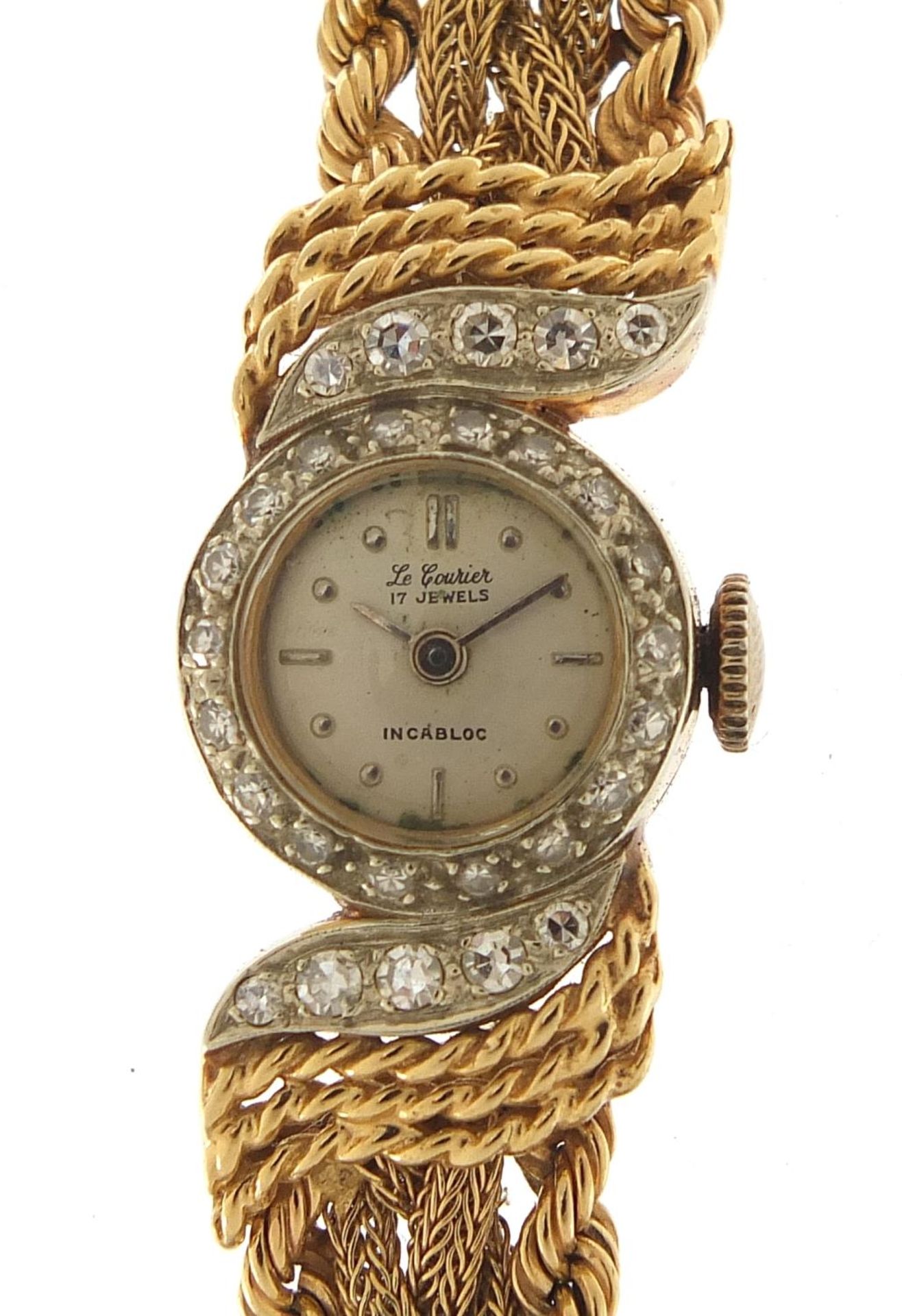 Le Courier, ladies 14ct gold and diamond manual wind wristwatch with 14ct gold rope twist strap,
