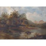 River landscape before trees and mountains, oil on canvas, paper label remnants verso, mounted and