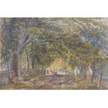 James Adams - Figures beside a lane and trees, 19th century watercolour, mounted, framed and glazed,