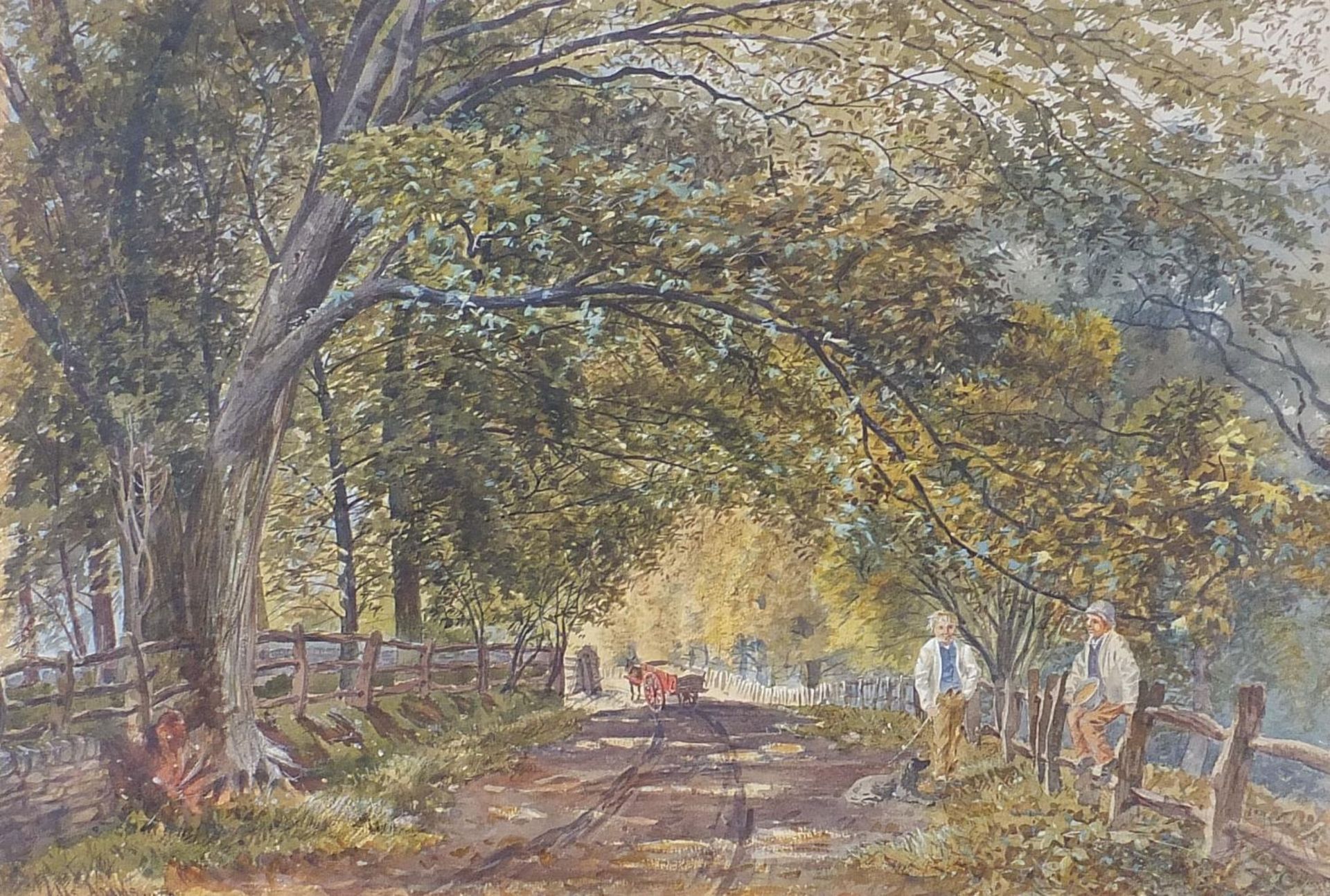 James Adams - Figures beside a lane and trees, 19th century watercolour, mounted, framed and glazed,