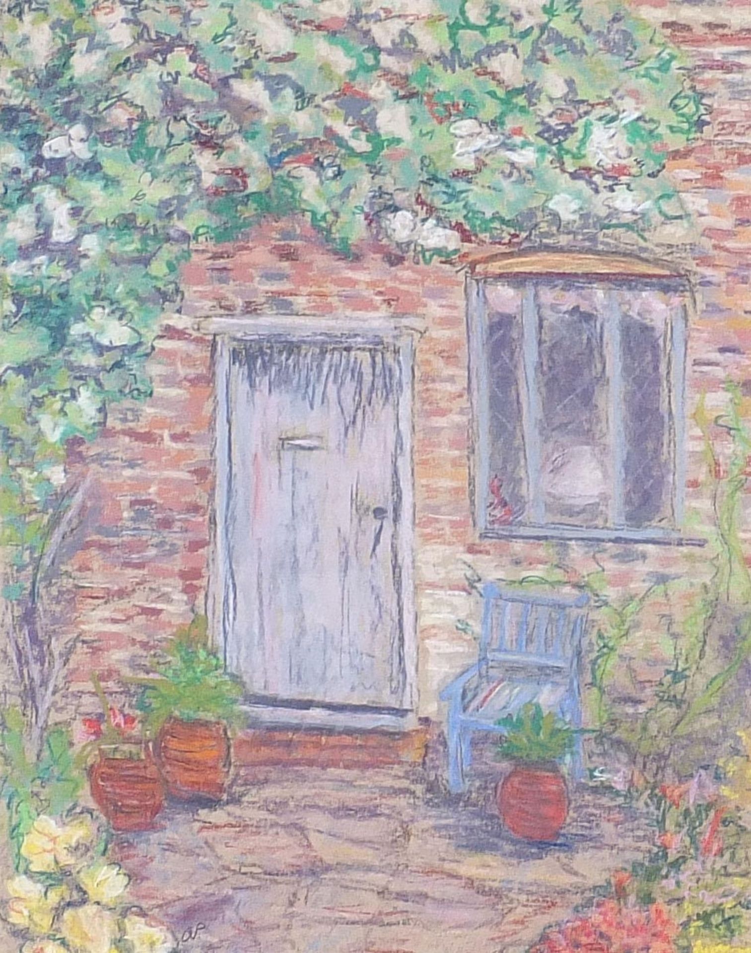 Cottage garden with flowers, pastel, mounted, framed and glazed, 35cm x 27.5cm excluding the mount