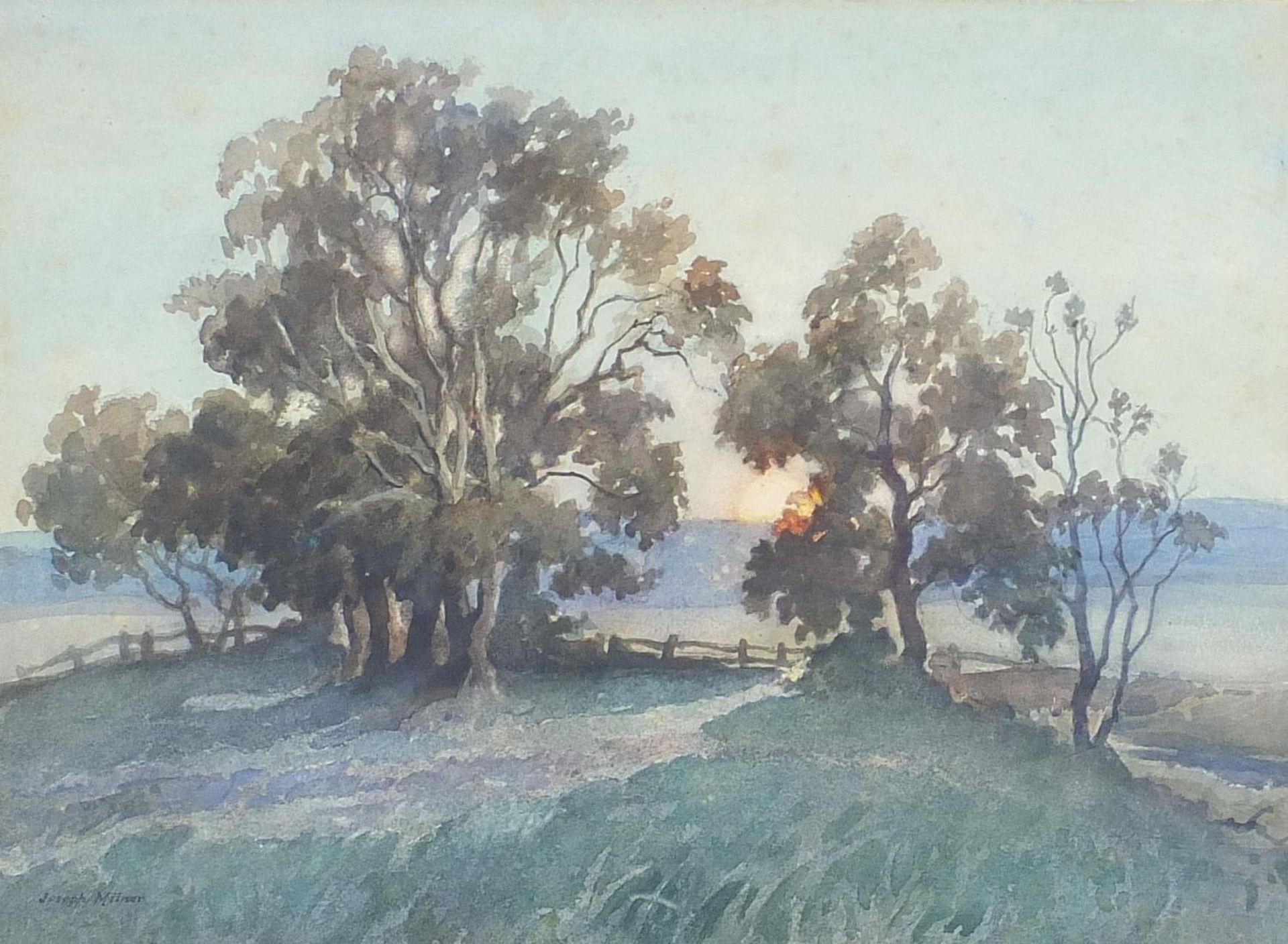 Joseph Milner - Sunset near Amersham, Buckinghamshire, mid 20th century watercolour, mounted, framed