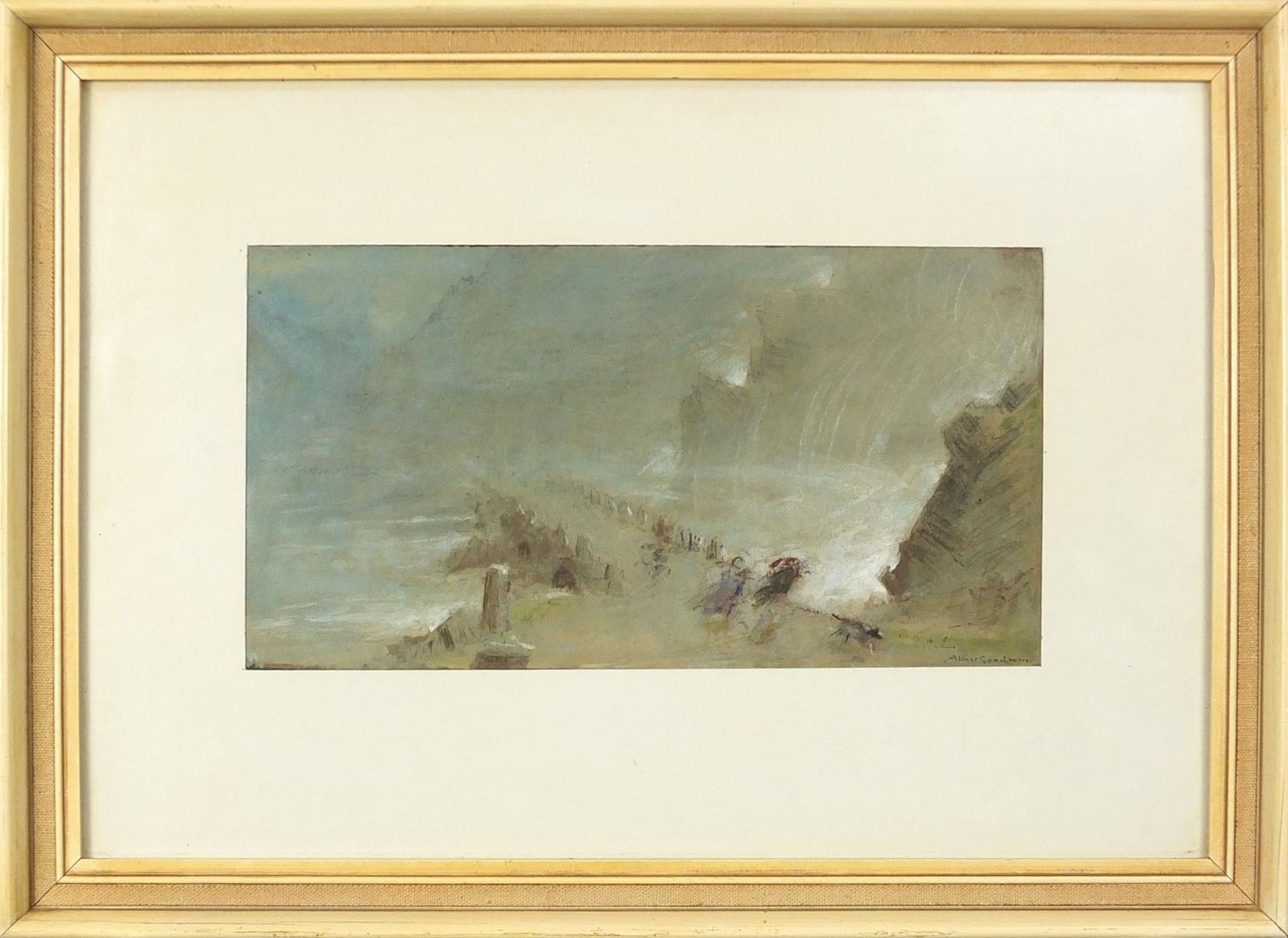 Albert Goodwin - Figures on a jetty beside water, heightened watercolour and mixed media, - Image 2 of 6