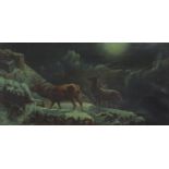 M Moore - Stag and two hinds by moonlight, signed oil on canvas, James Magill label verso, mounted