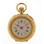 Camerer Cuss & Co, 18ct gold ladies open face pocket watch with ornate enamelled dial and chased