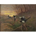 Adelina Katona Madarasz 1910 - Magpies in a landscape, early 20th century signed oil on canvas,