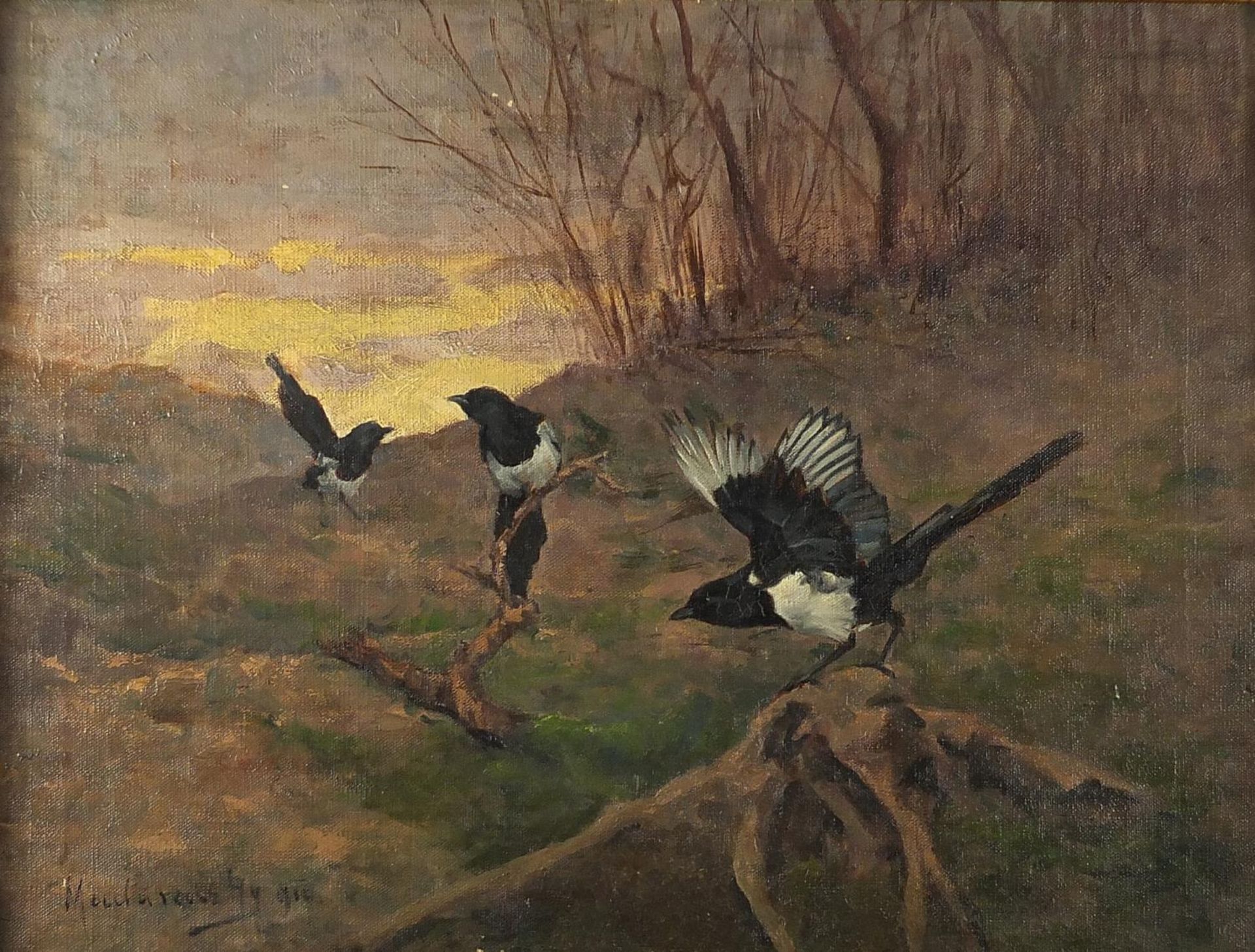 Adelina Katona Madarasz 1910 - Magpies in a landscape, early 20th century signed oil on canvas,