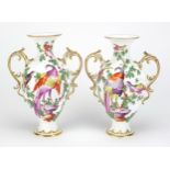 Pair of 19th century Chelsea style porcelain vases with twin handles, each hand painted with