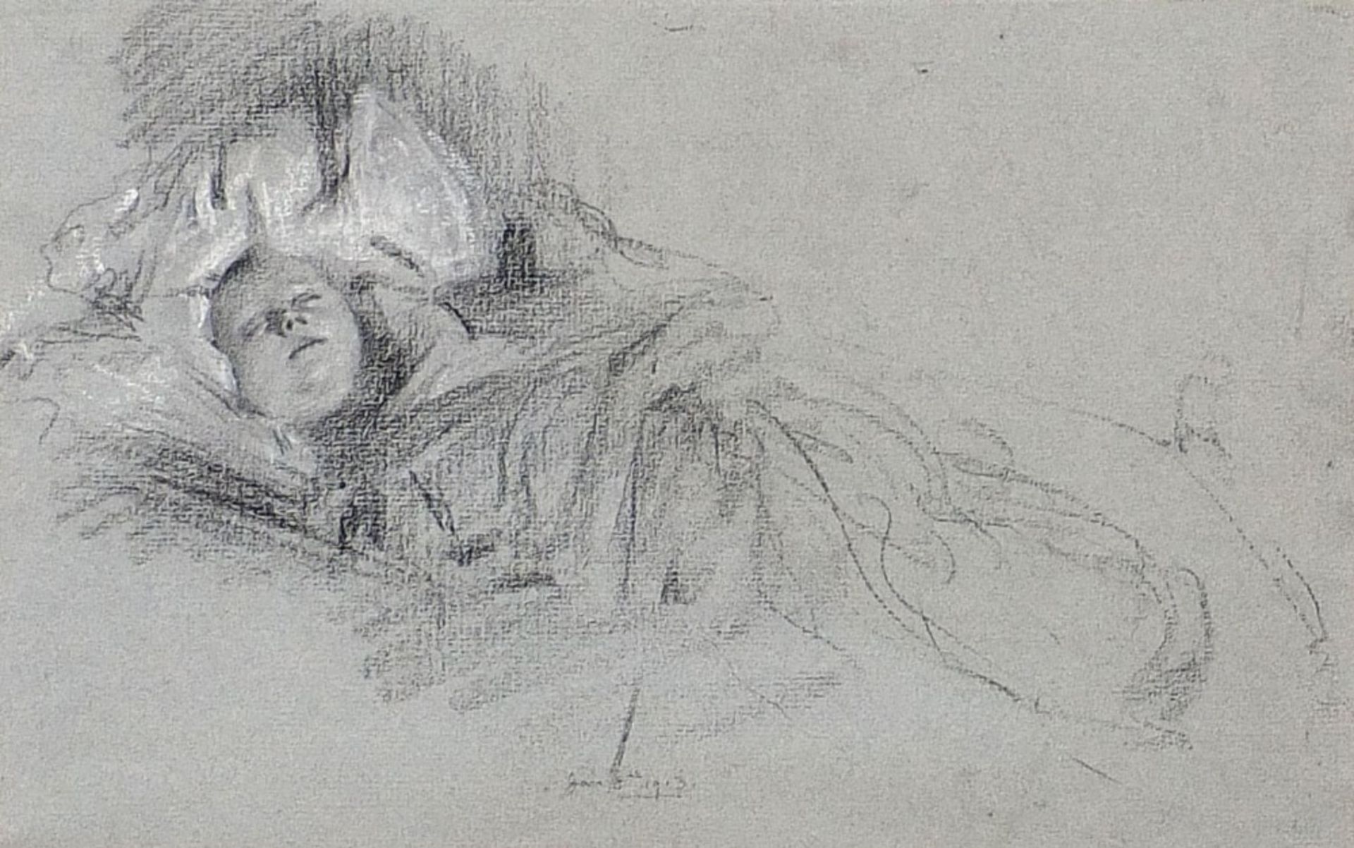 Two sleeping children, pair of early 20th century heightened chalk drawings, dated 8th January 1913, - Image 6 of 9