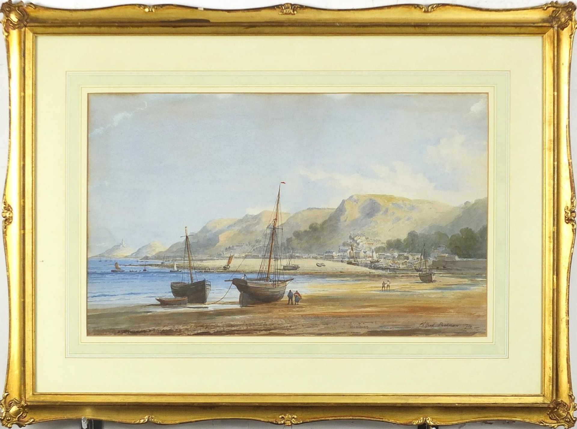 Alfred Edward Parkman - Mumbles Beach with moored boats and figures, early 20th century watercolour, - Image 2 of 5