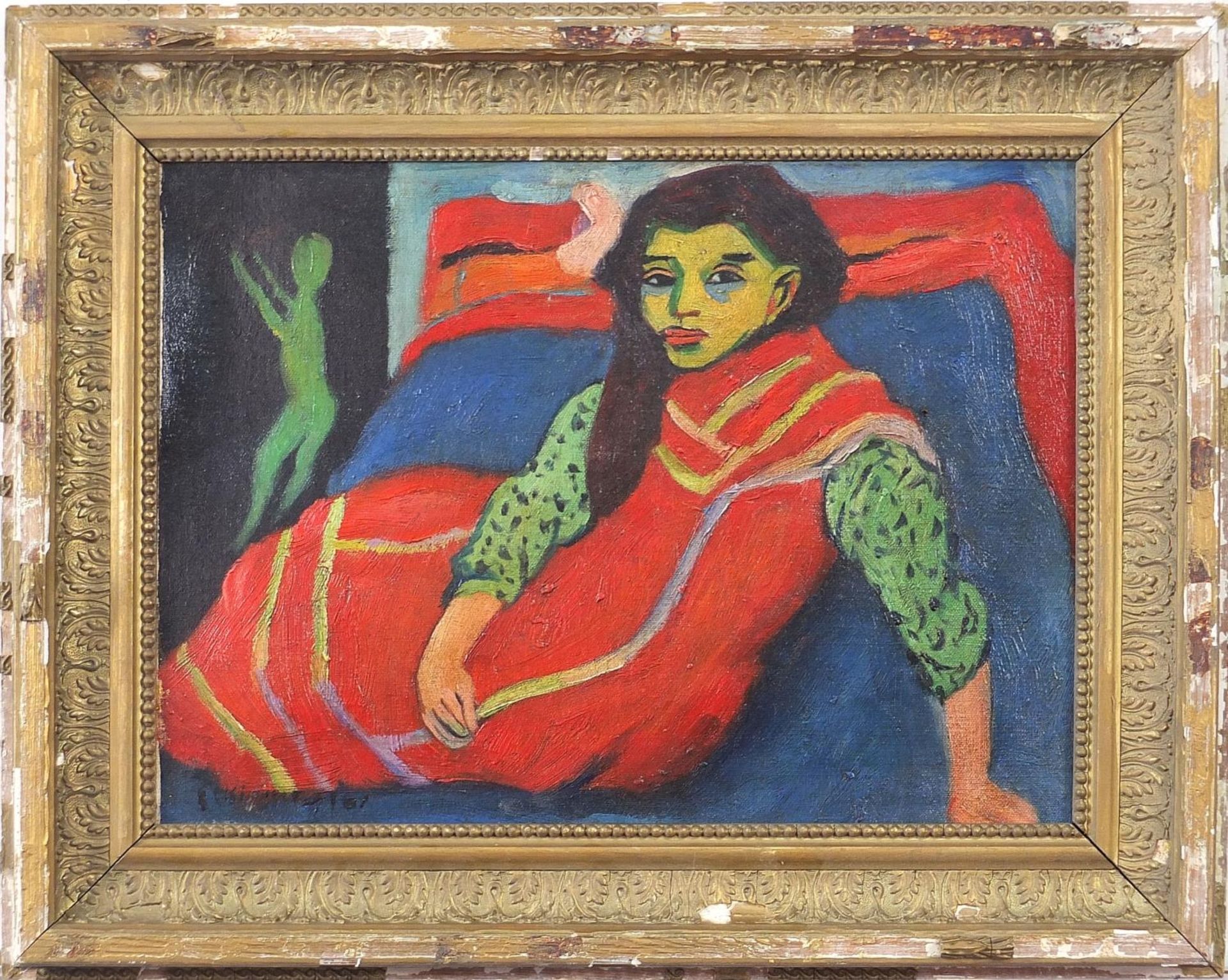 Female in an interior, German Expressionist oil on canvas, mounted and framed, 40.5cm x 28cm - Bild 2 aus 5