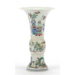 Chinese doucai porcelain Gu beaker vase hand painted with Daoist emblems and flowers, six figure