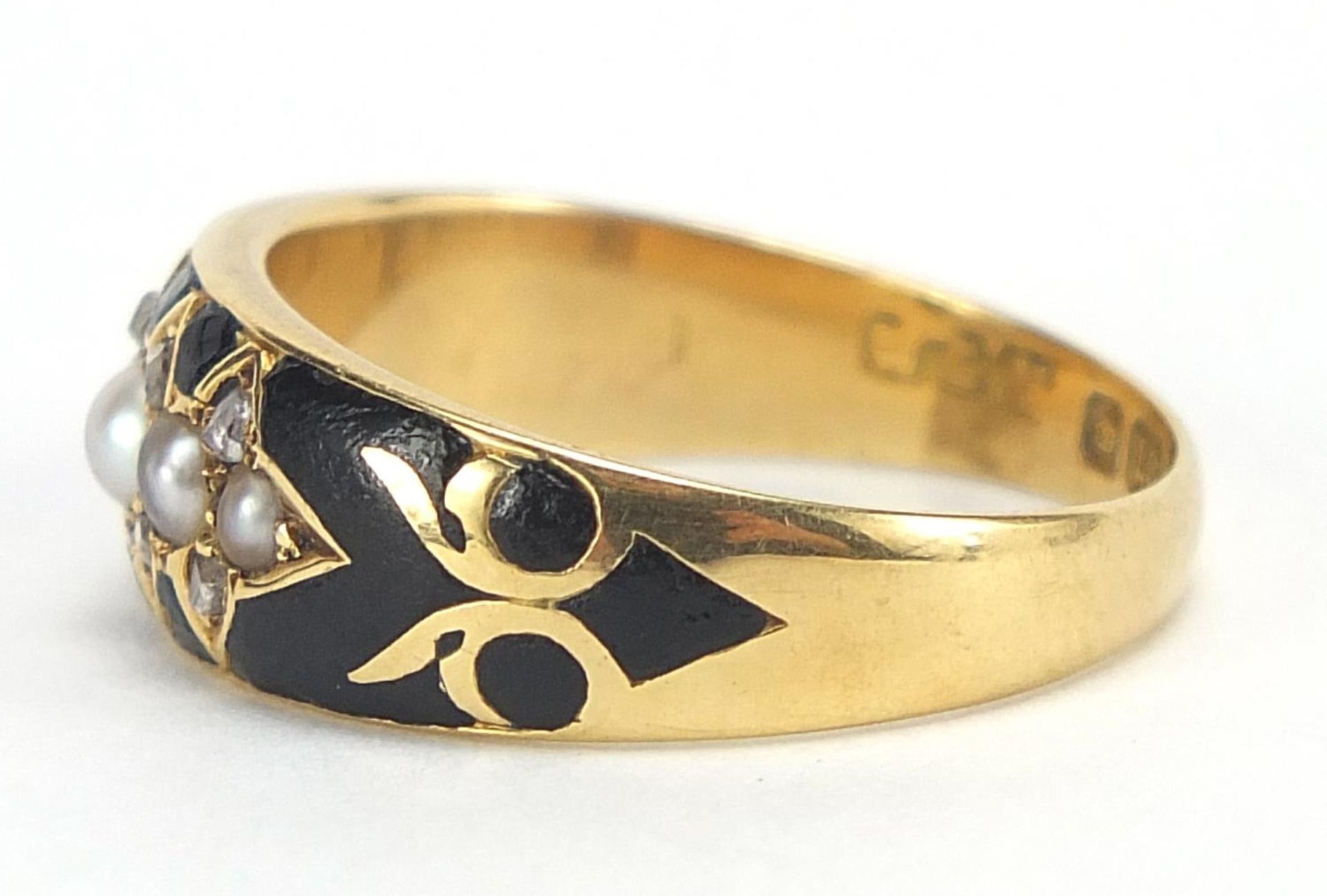 Antique 18ct gold, pearl, diamond and black enamel mourning ring, Chester 1904, size N, 3.6g : For - Image 2 of 5