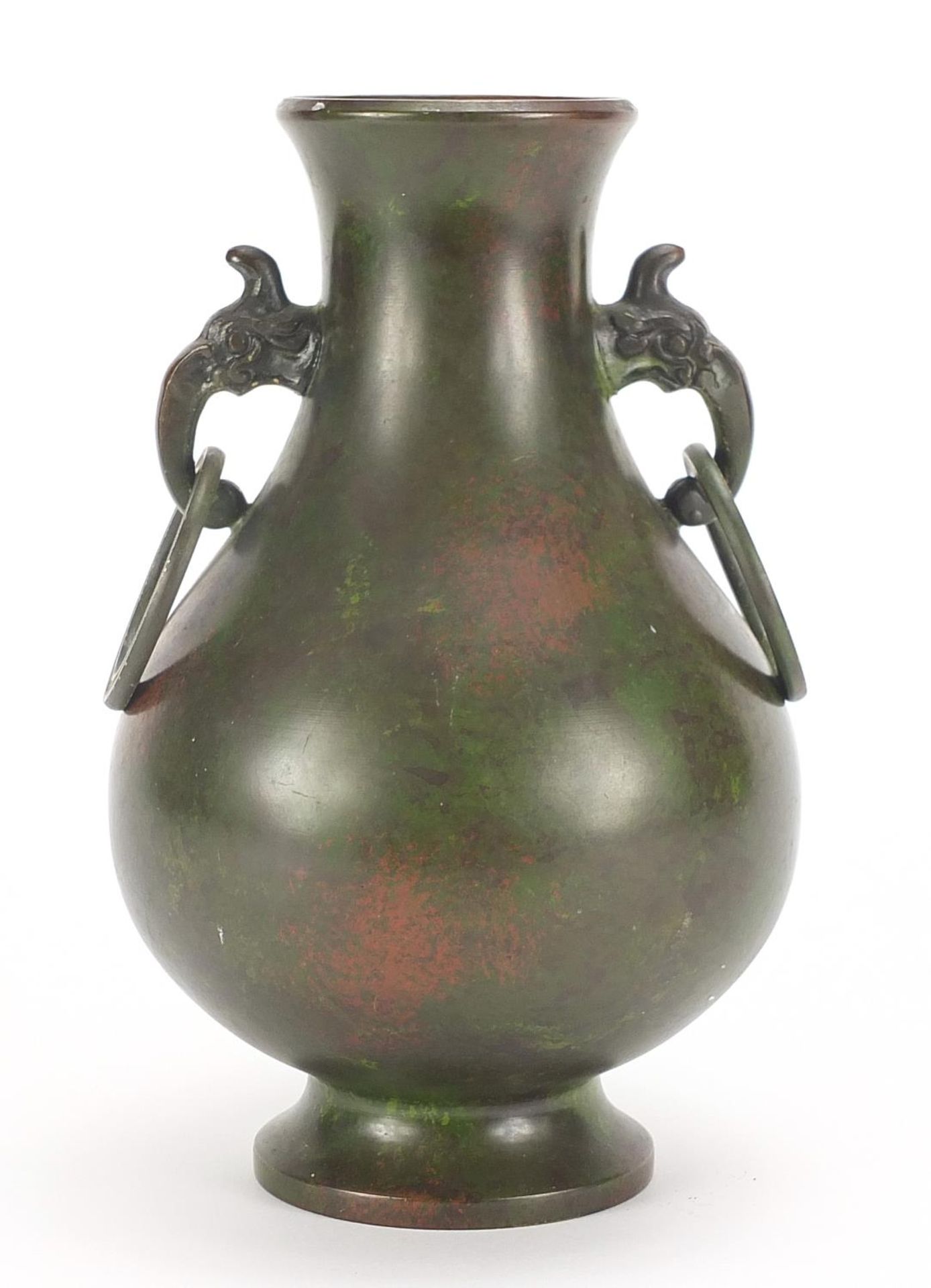 Japanese patinated bronze vase with animalia ring turned handles, impressed marks to the base, 24. - Image 3 of 8
