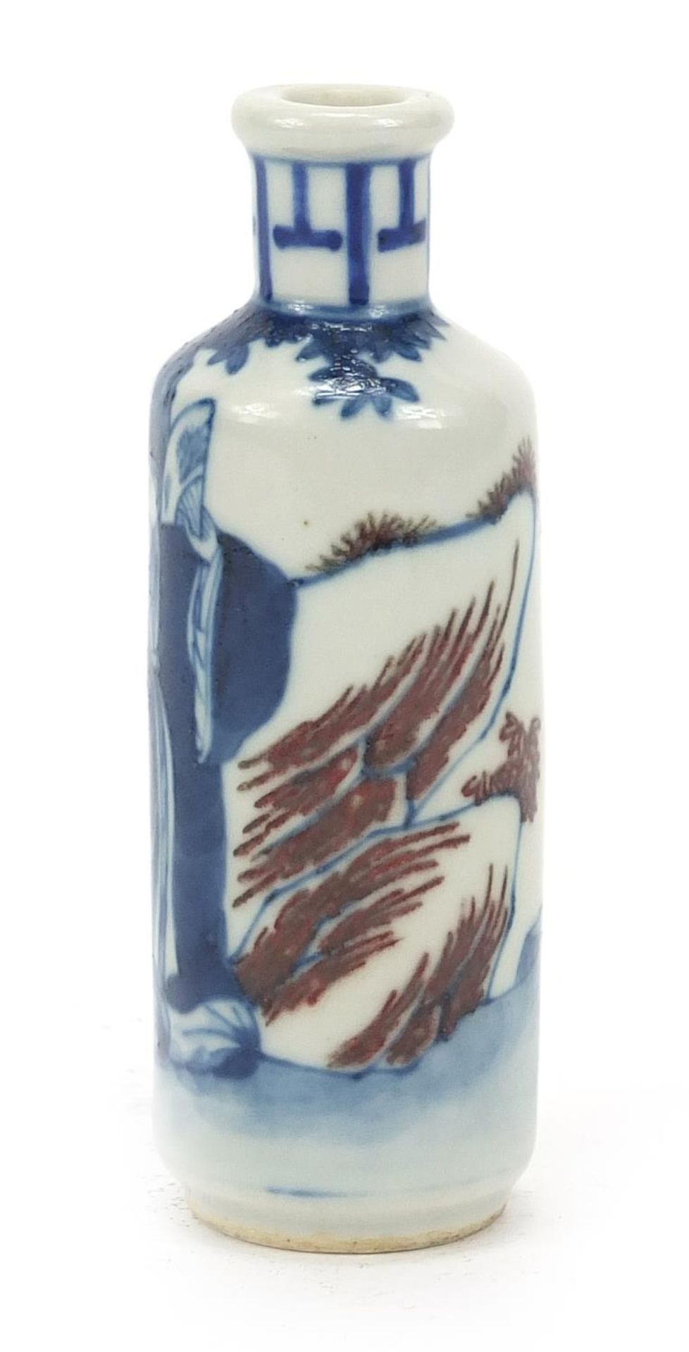 Chinese blue and white with iron red porcelain snuff bottle hand painted with figures in a - Image 3 of 9