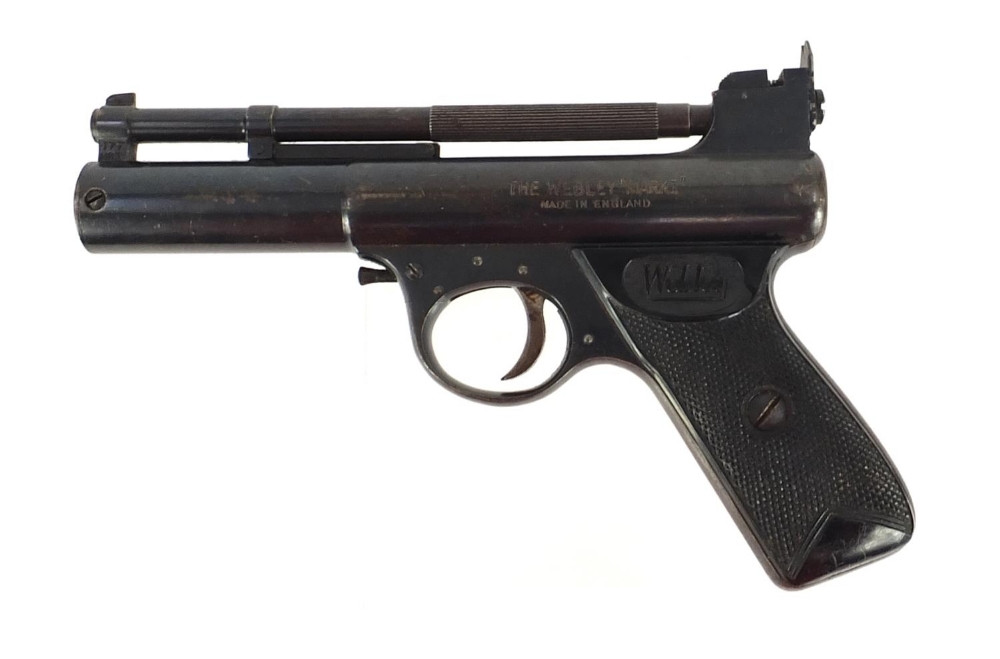 Vintage Webley & Scott mark I over lever .177 cal air pistol, 19cm in length : For Further Condition