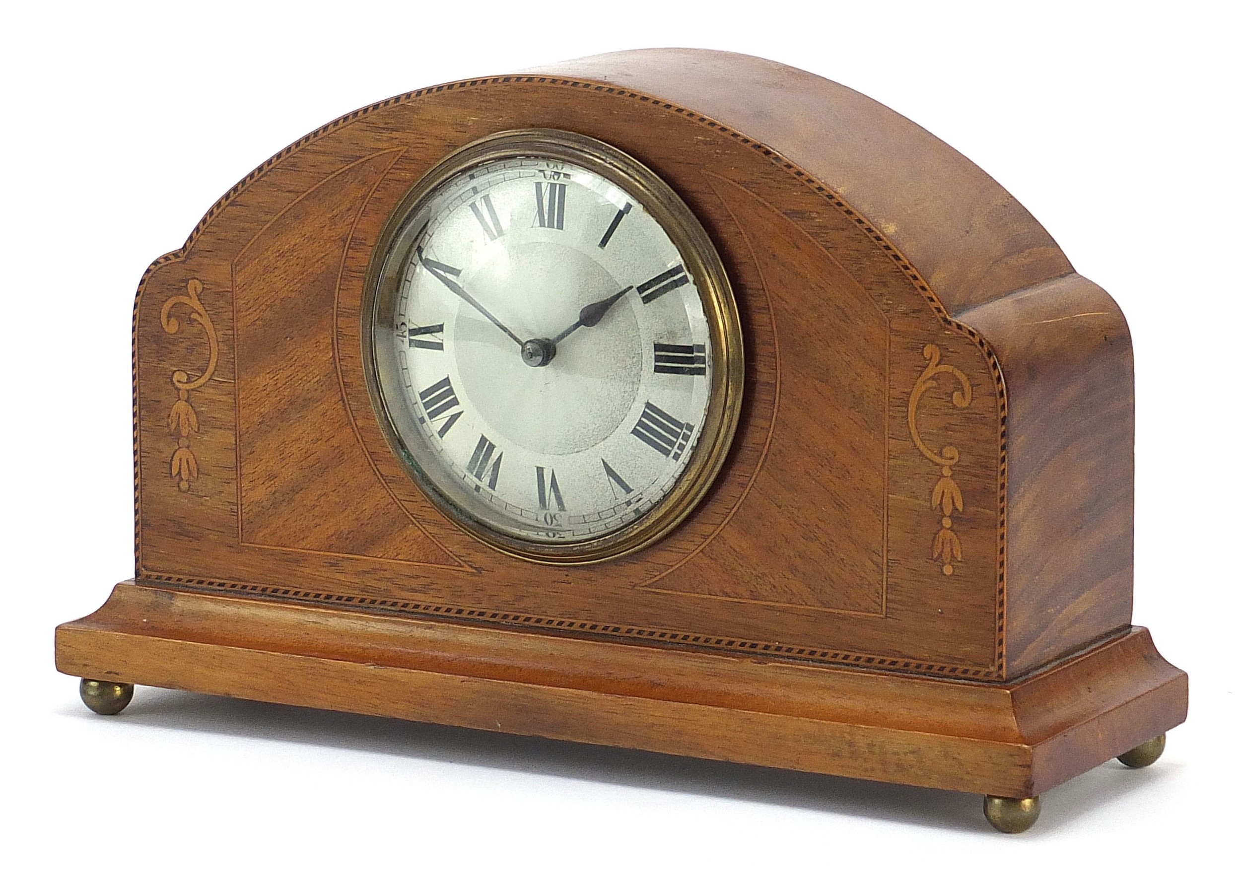 Edwardian inlaid mahogany inlaid mantle clock with Roman numerals, 25.5cm wide : For Further